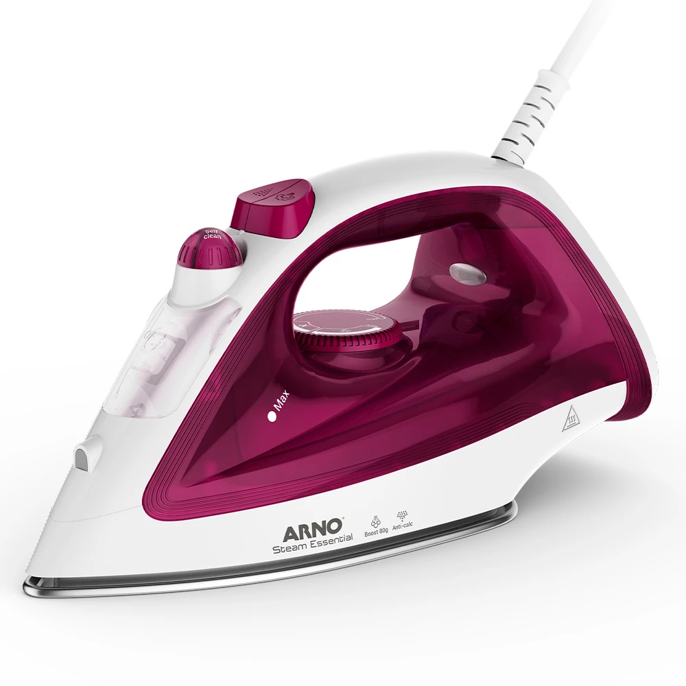 Plancha a vapor ARNO Essential FV1051B2 blanca con detalles magenta, depósito translúcido y perilla de regulación.