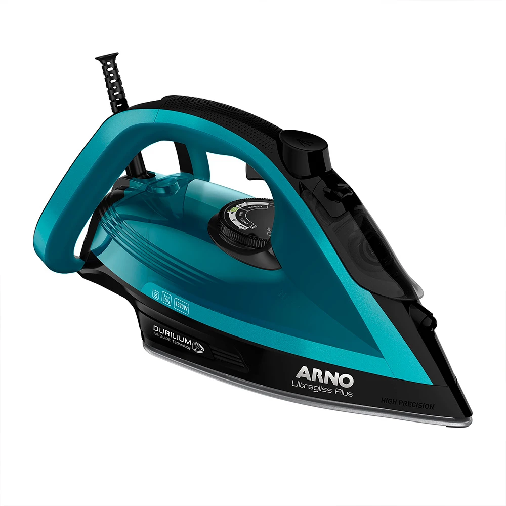 Plancha a vapor ARNO Ultragliss Plus FMY negra y turquesa, con depósito translúcido y selector giratorio.