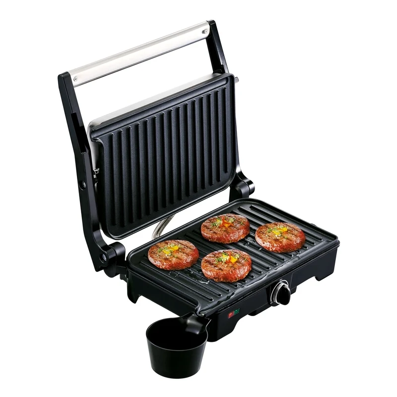 Grill sandwichera Arno cerrado, con tapa plateada, base negra, manija frontal, perilla de control y luces roja y verde. - Vista 2