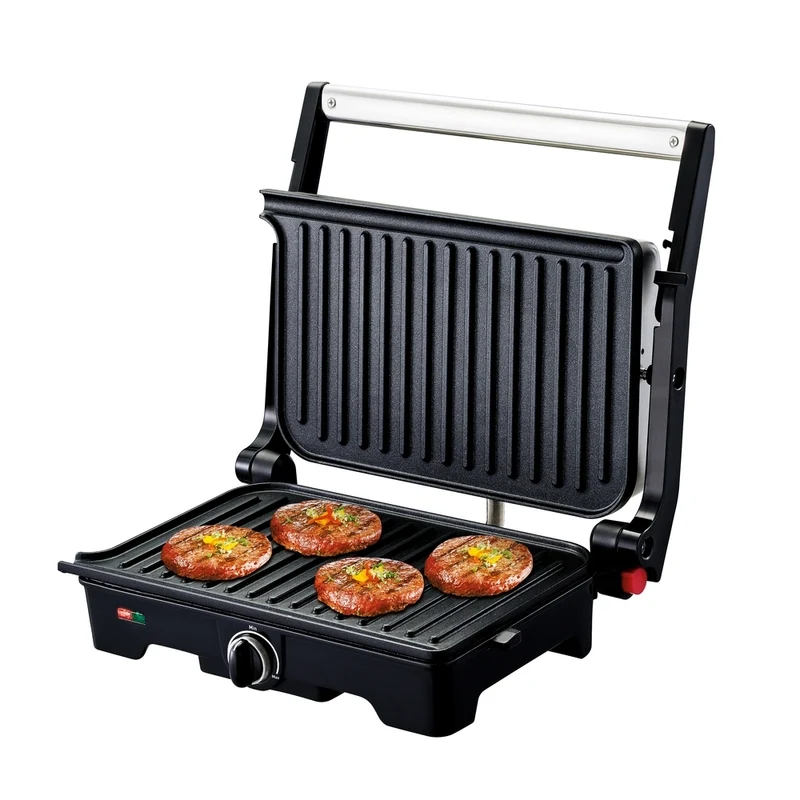 Grill sandwichera Arno cerrado, con tapa plateada, base negra, manija frontal, perilla de control y luces roja y verde. - Vista 3