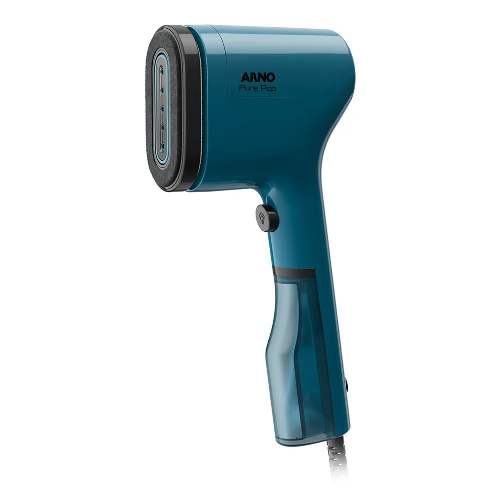 Vaporizador de ropa Arno Pure Pop azul petróleo, con cabezal de vapor, depósito translúcido integrado y cable.