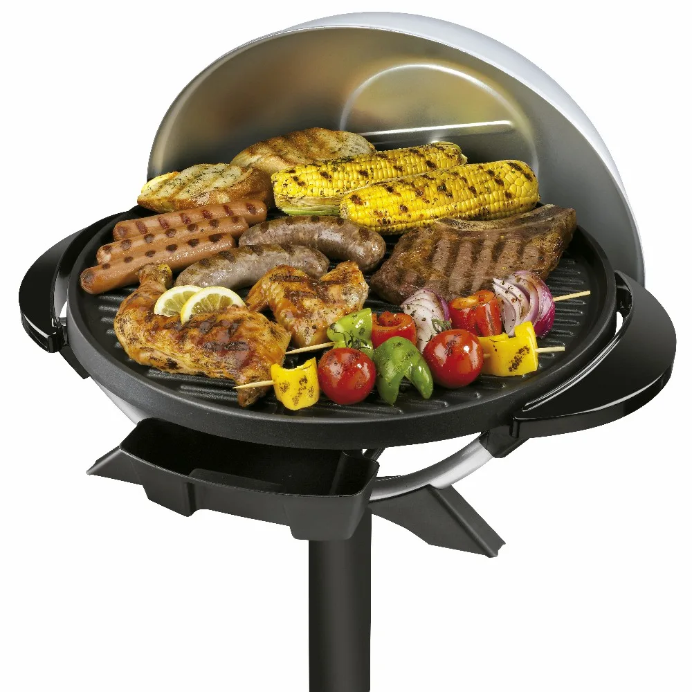 Parrilla eléctrica George Foreman de sobremesa con tapa plateada, termómetro integrado, asas laterales y control de temperatura. - Vista 2
