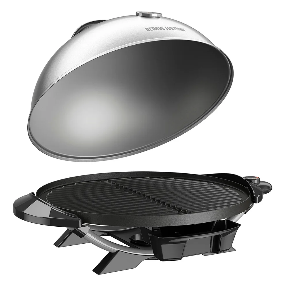Parrilla eléctrica George Foreman de sobremesa con tapa plateada, termómetro integrado, asas laterales y control de temperatura. - Vista 3