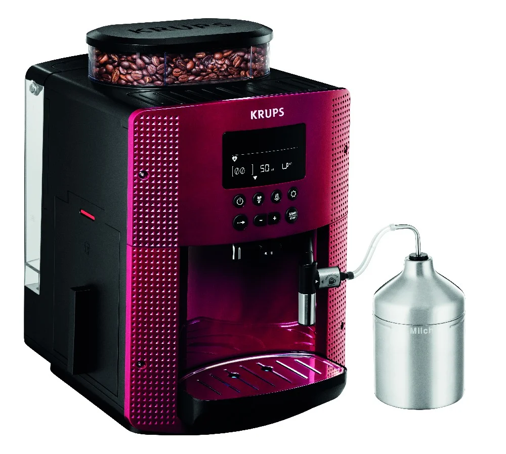 Cafetera automática Krups Essential roja y negra, con tolva transparente para granos, pantalla frontal, dos salidas y recipiente metálico para leche conectado por un tubo. - Vista 2