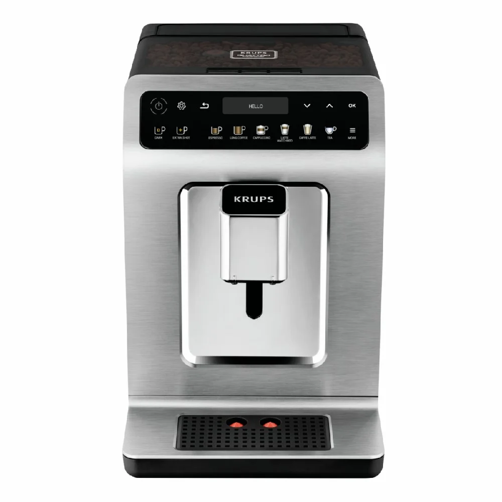 Cafetera automática Krups Evidence de acabado plateado, con panel negro, pantalla central, controles táctiles y salida frontal ajustable.