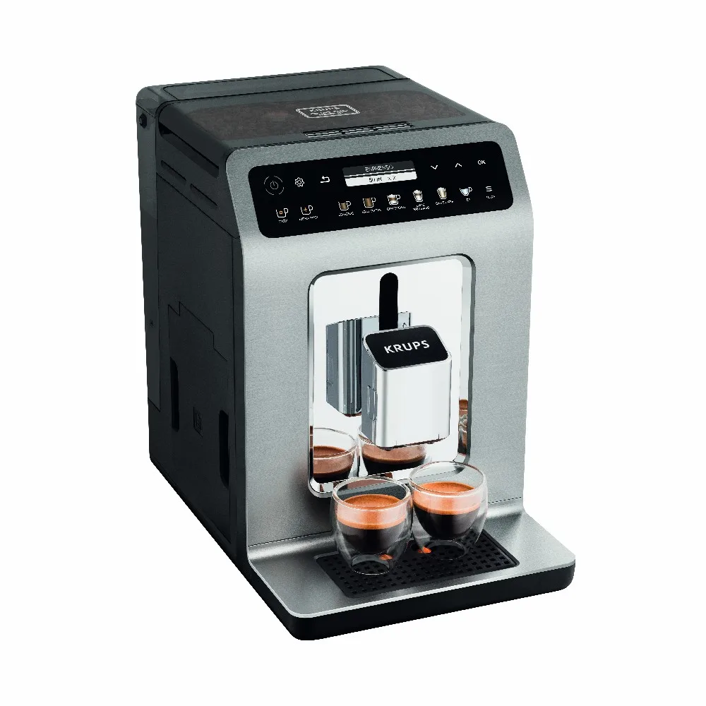 Cafetera automática Krups Evidence de acabado plateado, con panel negro, pantalla central, controles táctiles y salida frontal ajustable. - Vista 2