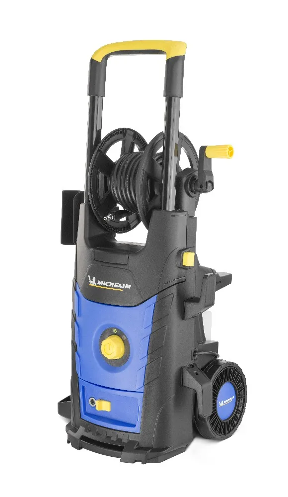Hidrolavadora Michelin azul y negra con ruedas, asa extensible, carrete lateral, pistola y accesorios - Vista 2