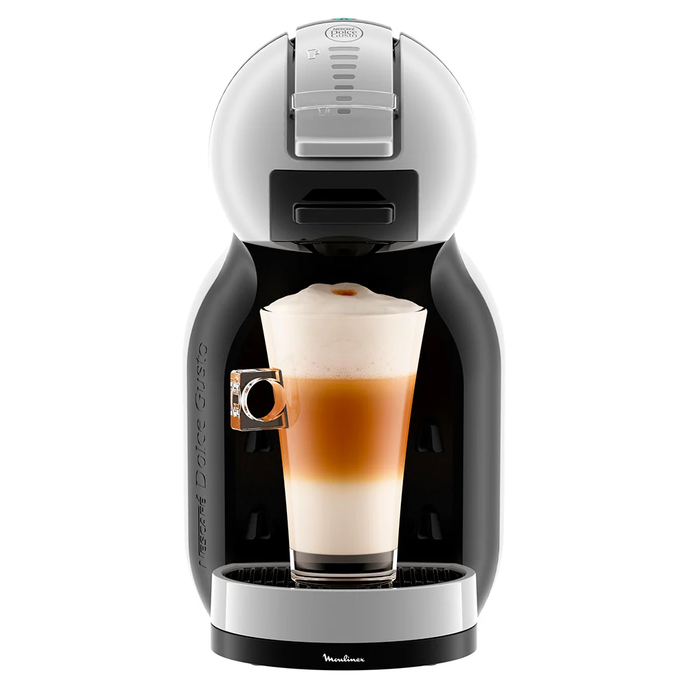 Cafetera Moulinex Dolce Gusto Mini Me gris claro y negra, con controles superiores y bandeja para taza.