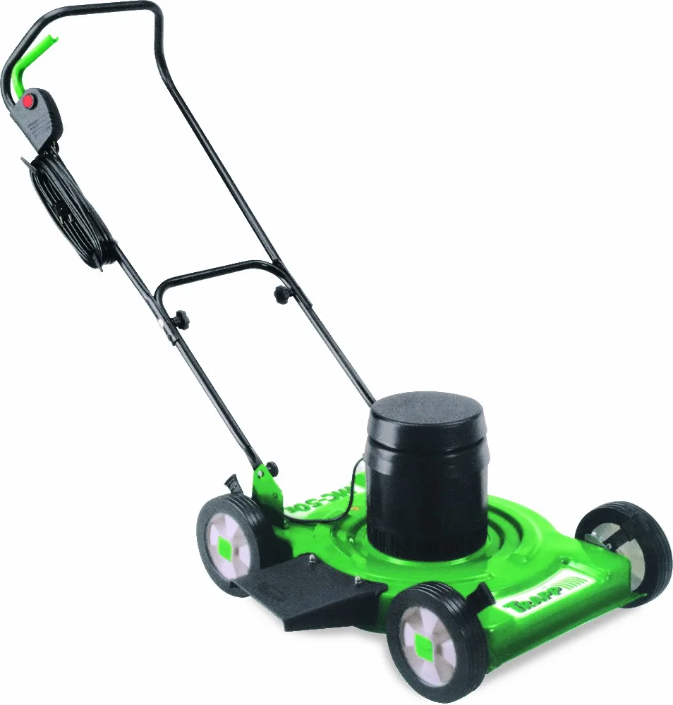Cortacésped eléctrico Trapp verde de empuje, con cuatro ruedas, manillar y cable enrollado; sin bolsa recolectora visible.