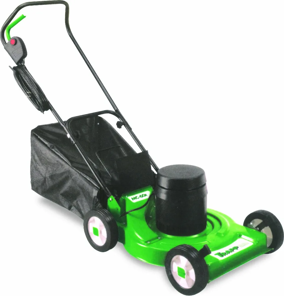 Cortacésped eléctrico Trapp verde y negro, con cuatro ruedas, manillar y bolsa recolectora trasera.
