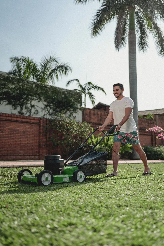 Cortacésped eléctrico Trapp verde y negro, con cuatro ruedas, manillar y bolsa recolectora trasera. - Vista 2