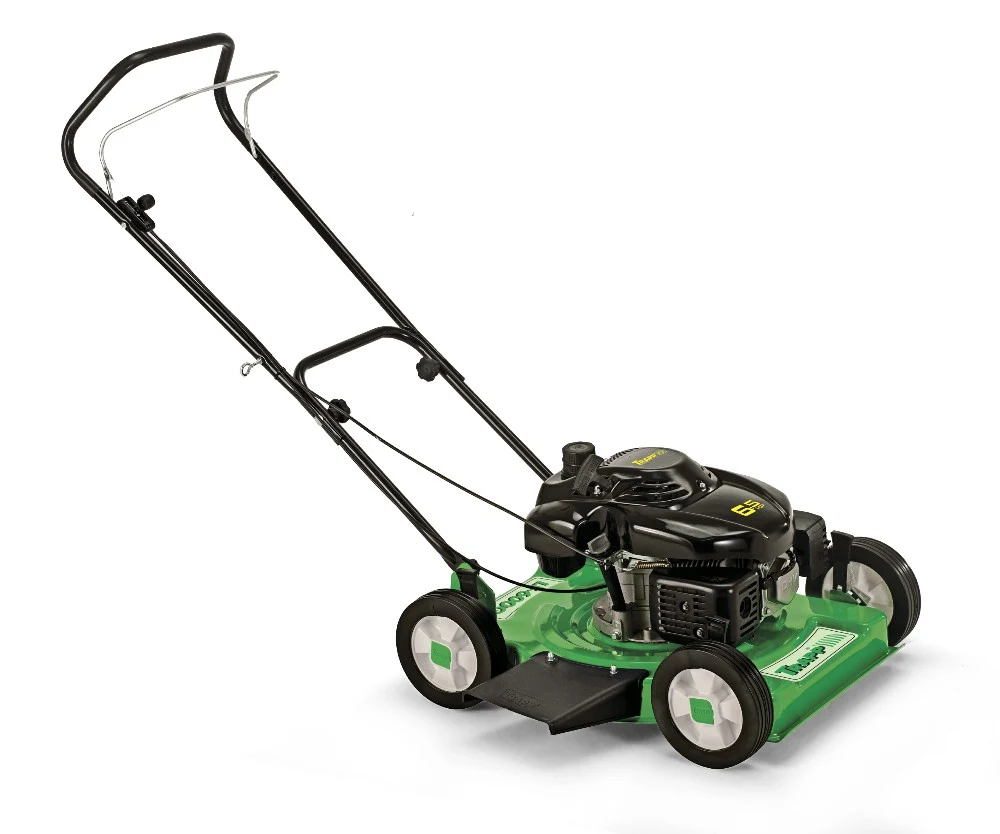 Cortacésped Trapp de empuje con plataforma verde, motor a gasolina y salida lateral sin bolsa recolectora.