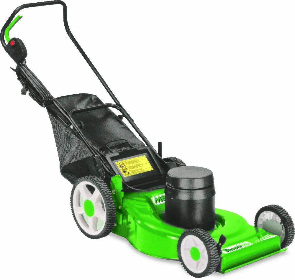 Cortacésped eléctrico Trapp verde con cable de alimentación, cuatro ruedas y bolsa recolectora trasera negra.