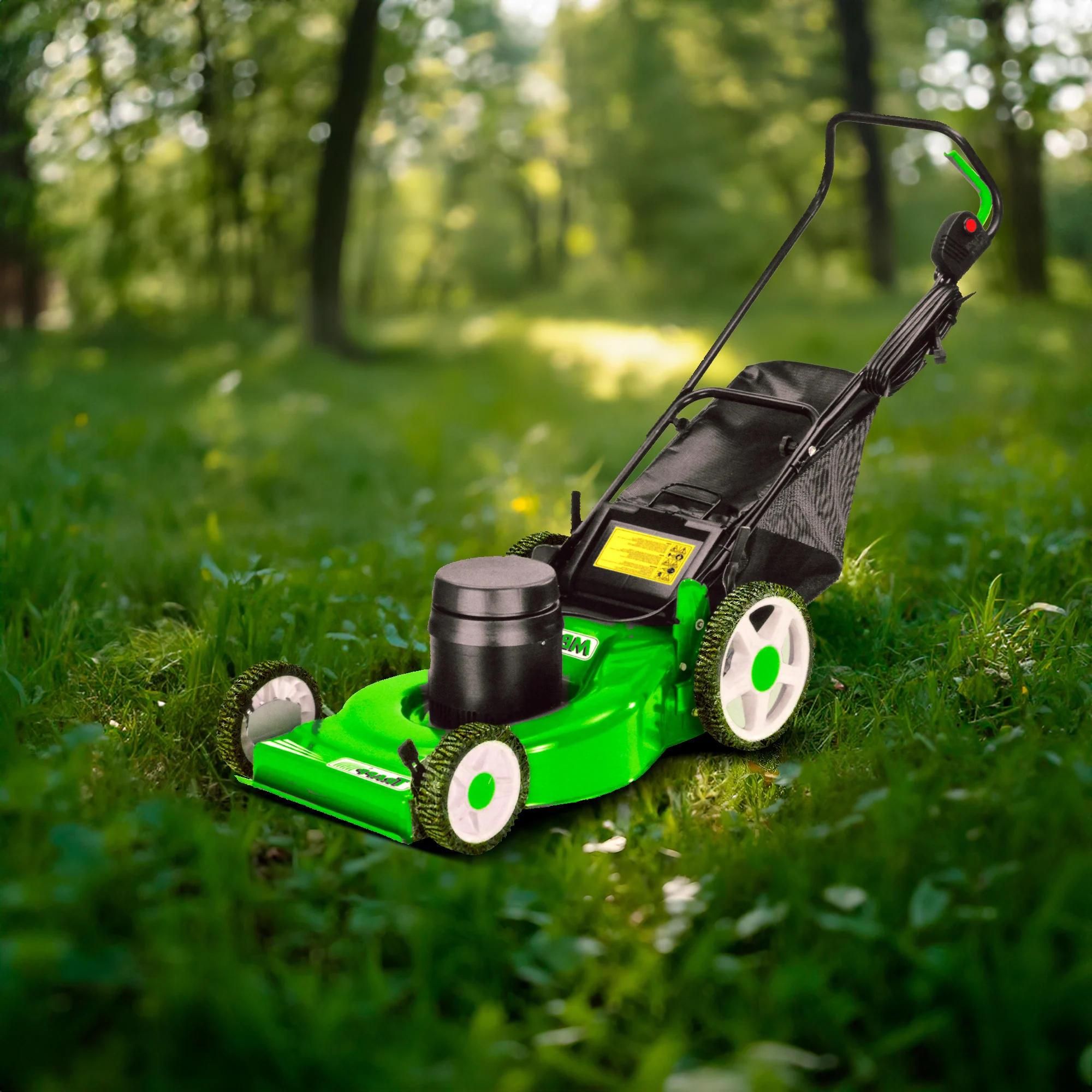 Cortacésped eléctrico Trapp verde con cable de alimentación, cuatro ruedas y bolsa recolectora trasera negra. - Vista 2