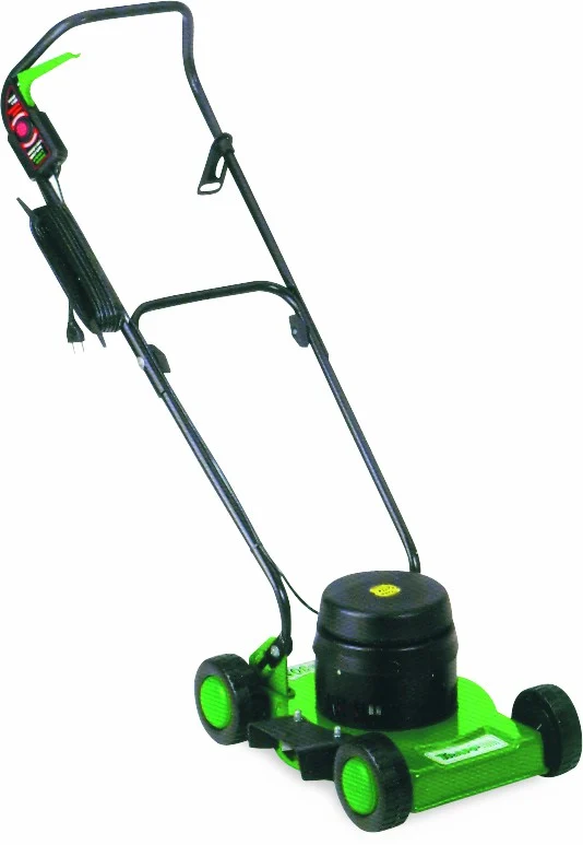 Cortacésped eléctrico de empuje Trapp verde y negro, con cuatro ruedas, manillar largo y sin bolsa recolectora visible.