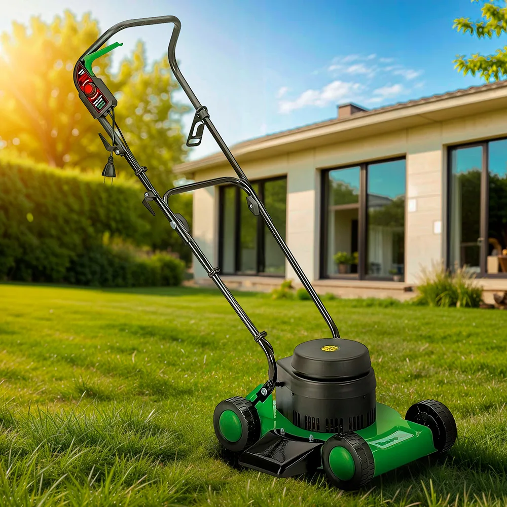 Cortacésped eléctrico de empuje Trapp verde y negro, con cuatro ruedas, manillar largo y sin bolsa recolectora visible. - Vista 2