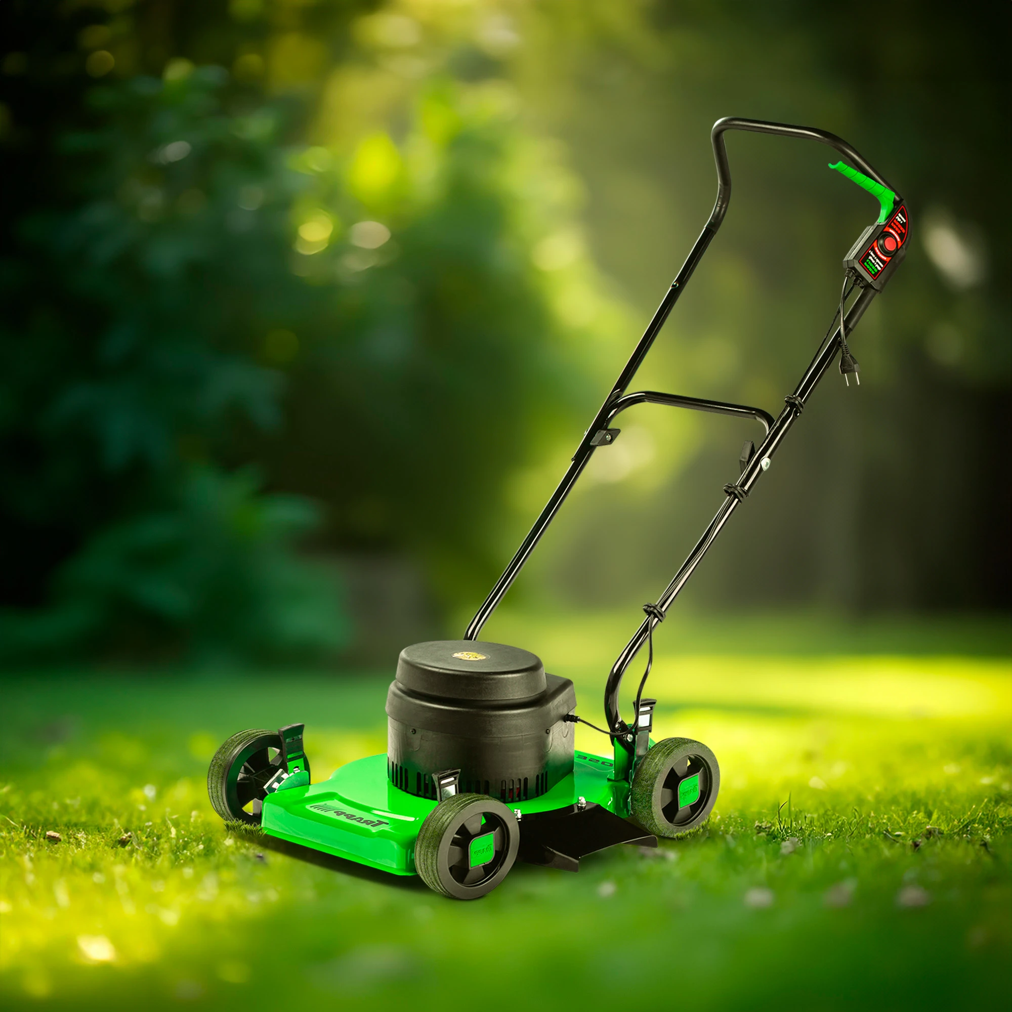 Cortacésped eléctrico Trapp verde de empuje, con cuatro ruedas, manillar metálico y cable con enchufe.