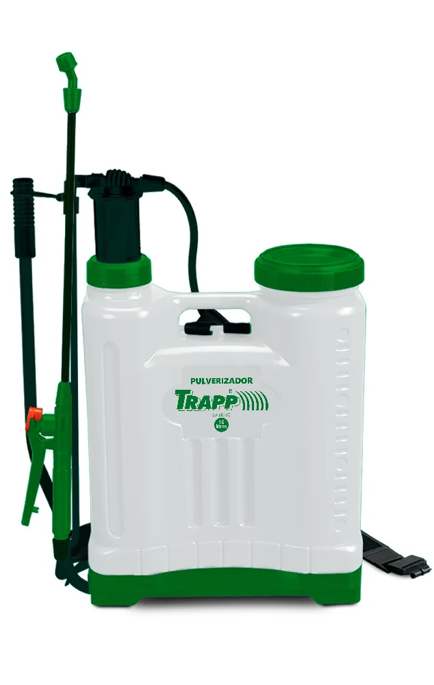 Pulverizador Trapp de mochila con depósito blanco, tapa y base verdes, manguera negra, lanza y correas negras.