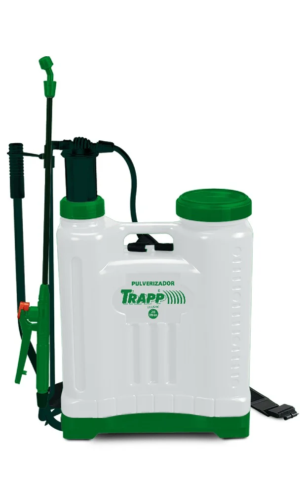 Pulverizador Trapp de mochila con depósito blanco, tapa y base verdes, palanca lateral, manguera y lanza.