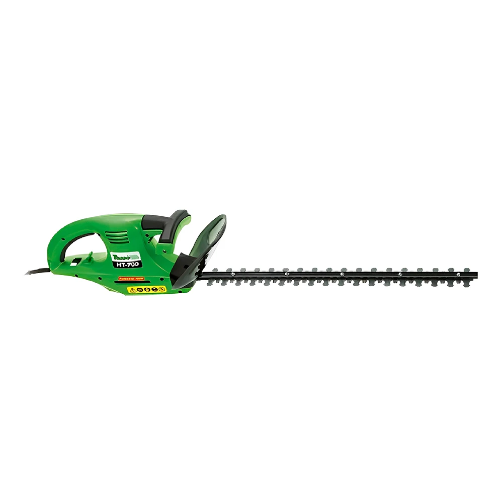 Podadora eléctrica Trapp HT-700 verde con empuñaduras negras, protector frontal y barra de corte dentada.