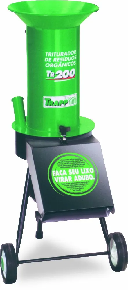 Triturador TRAPP TR 200 verde y negro, con tolva superior, salida lateral y bastidor con dos ruedas.