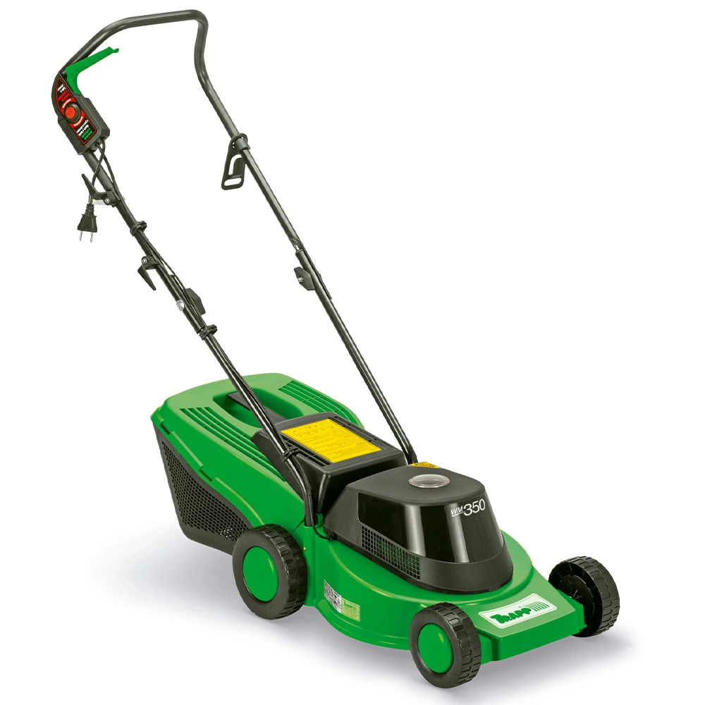 Cortacésped eléctrico Trapp verde y negro, con cuatro ruedas, manillar y caja recolectora trasera.