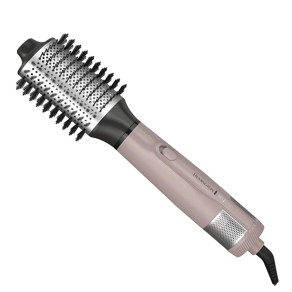Cepillo secador Remington Wet2Style rosa pálido, con barril metálico perforado, púas negras y cable de alimentación.