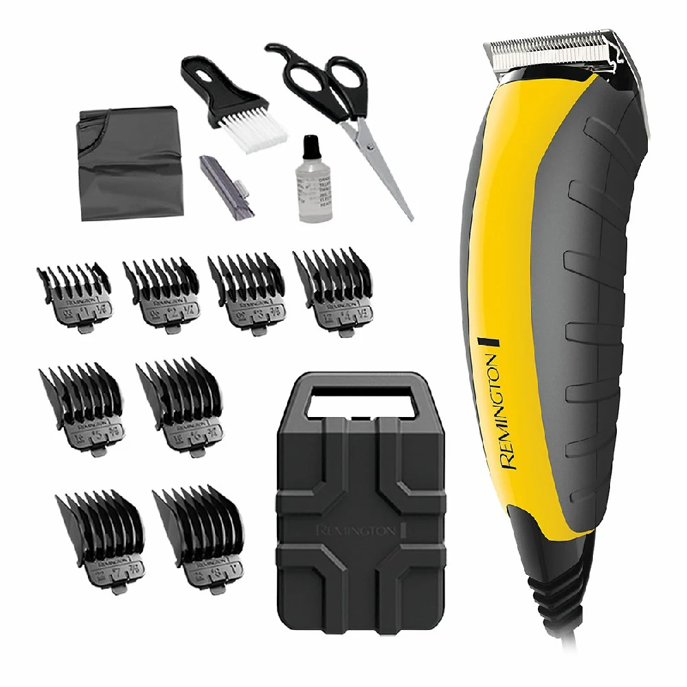 Cortapelos Remington negro y amarillo con peines guía, tijeras, aceite y estuche rígido