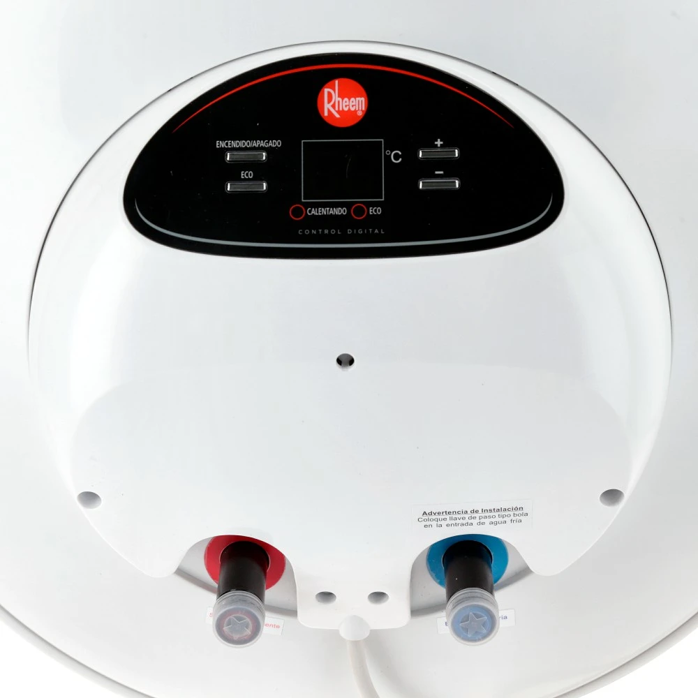 Termotanque Rheem cilíndrico blanco con panel de control digital negro en la base. - Vista 3