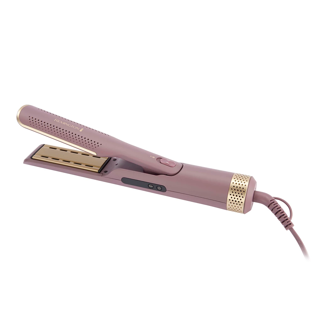 Estilizador Remington alargado y articulado de color malva con detalles dorados, placas con ranuras, botones y cable de alimentación.