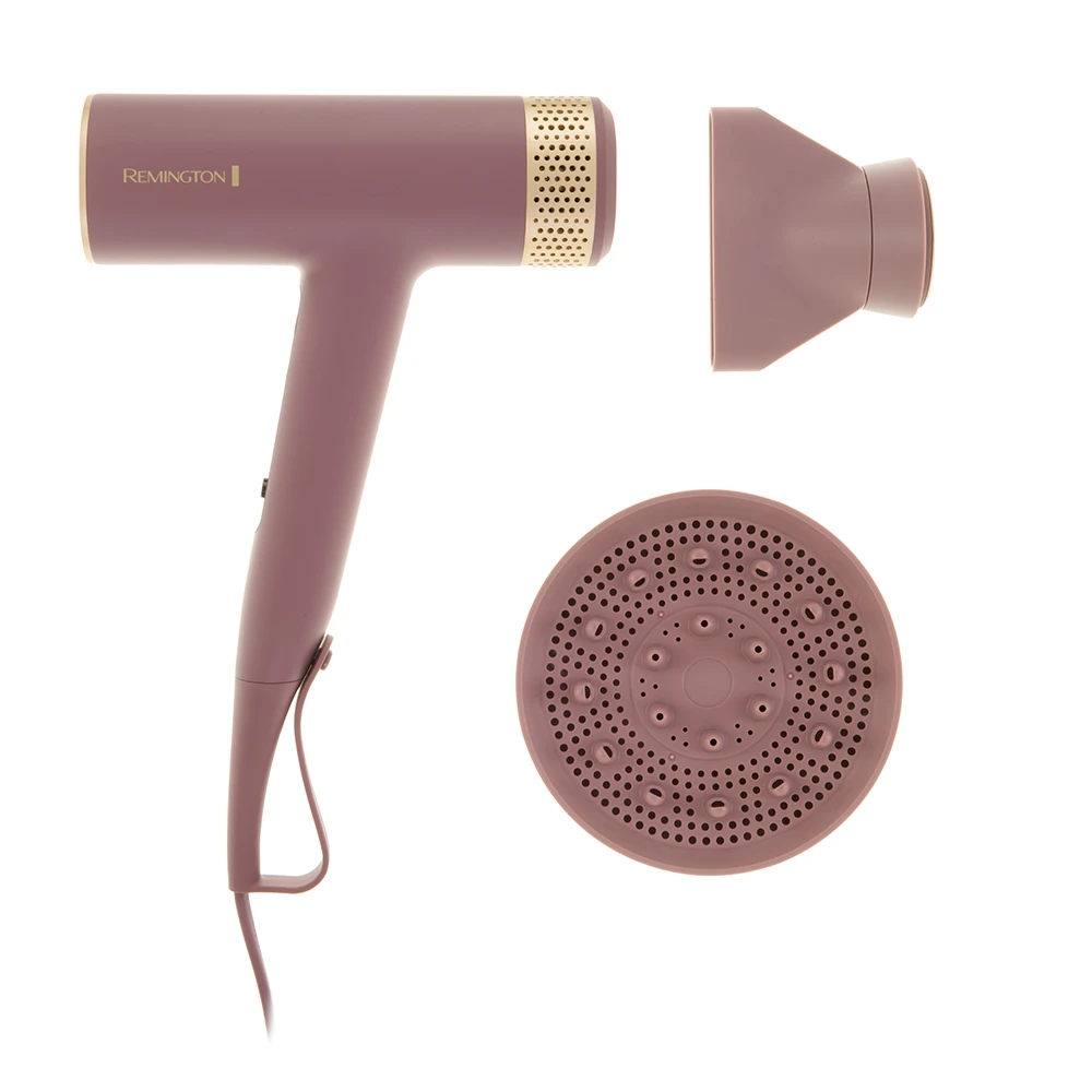 Secador Remington AIRvive rosa malva con banda perforada dorada, cable, boquilla concentradora y difusor circular.