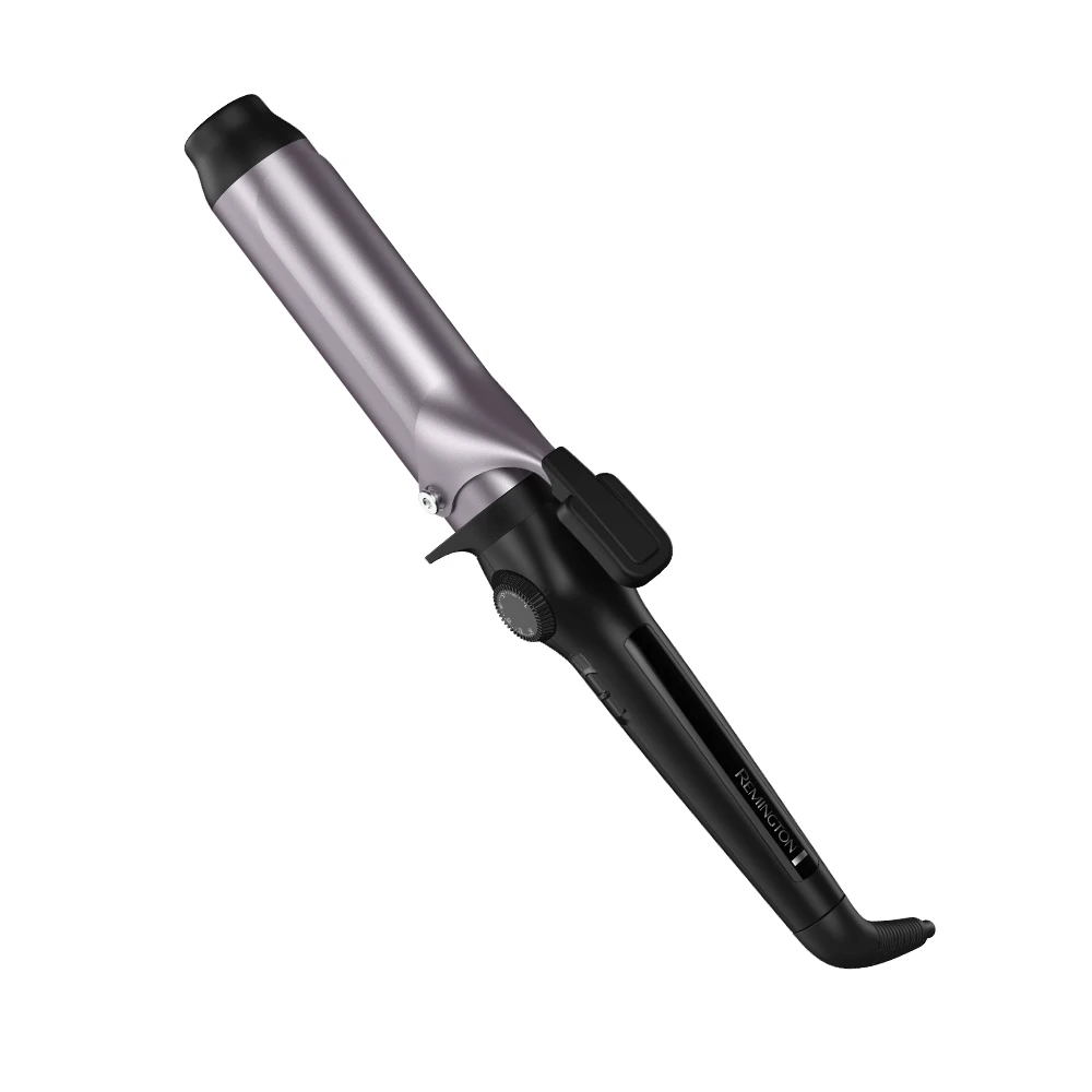 Rizadora Remington con barril cilíndrico malva de 38 mm, mango negro, pinza abatible y soporte.