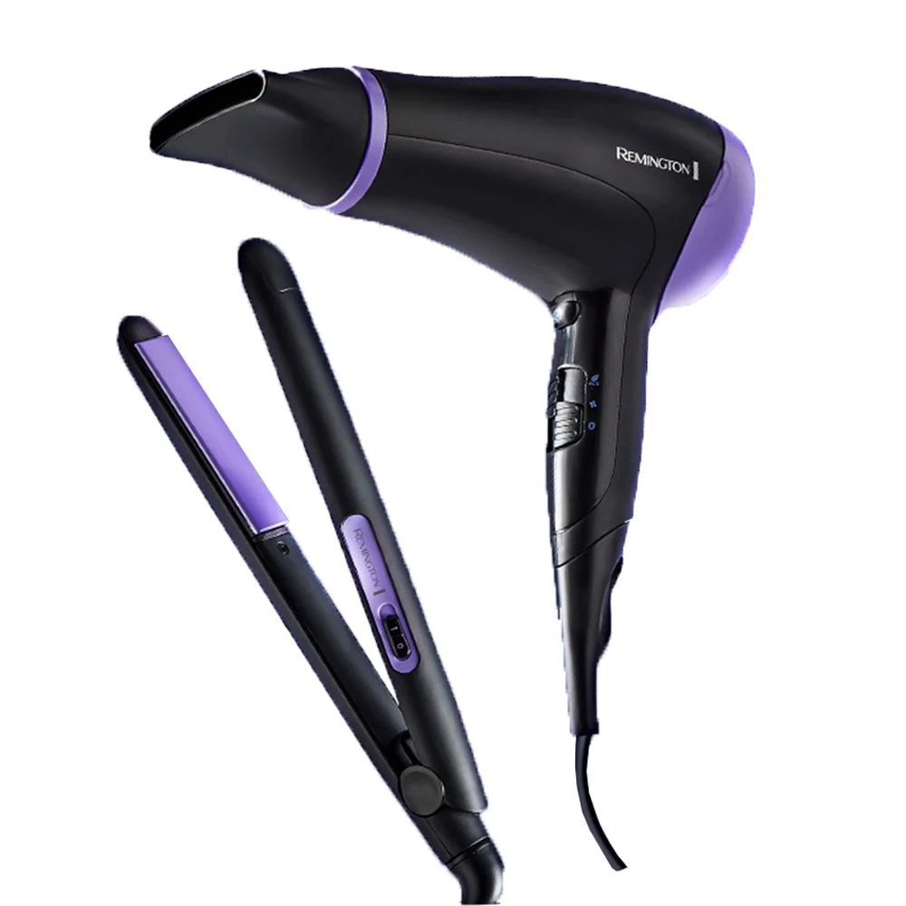 Set Remington negro con detalles violetas: secador de mano y plancha alisadora abierta