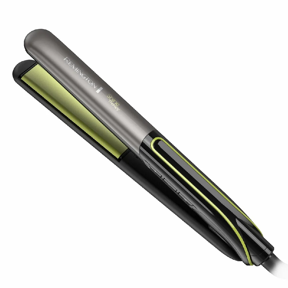 Alisador Remington Shine Therapy abierto, negro y gris oscuro, con detalles y placas verde lima.