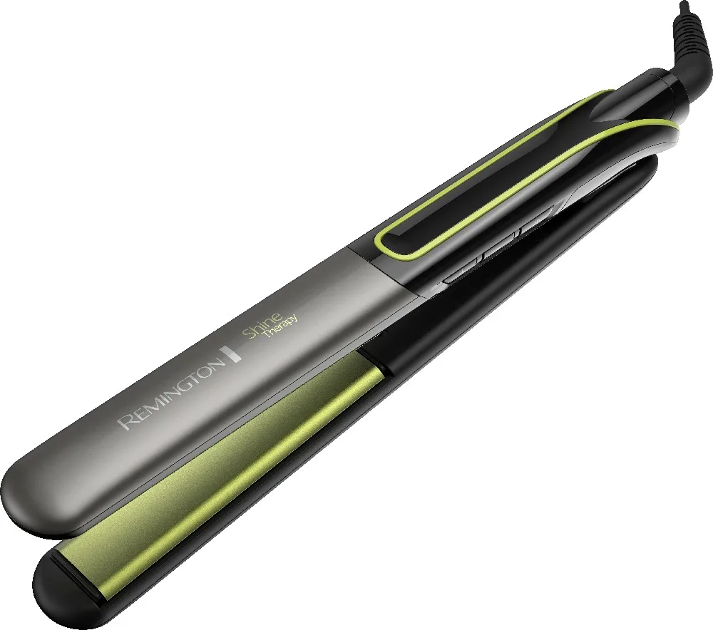 Alisador Remington Shine Therapy abierto, negro y gris oscuro, con detalles y placas verde lima. - Vista 3