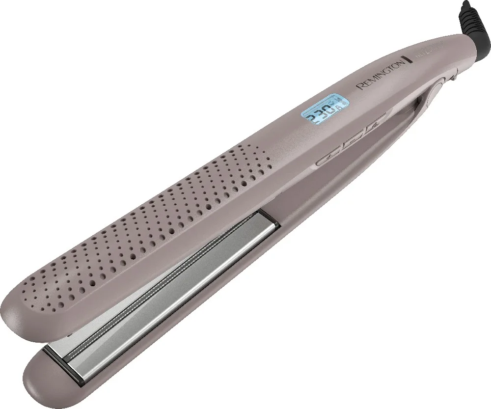 Alisador Remington Wet2Straight abierto, rosa grisáceo, con pantalla digital, controles, perforaciones y cable negro. - Vista 3