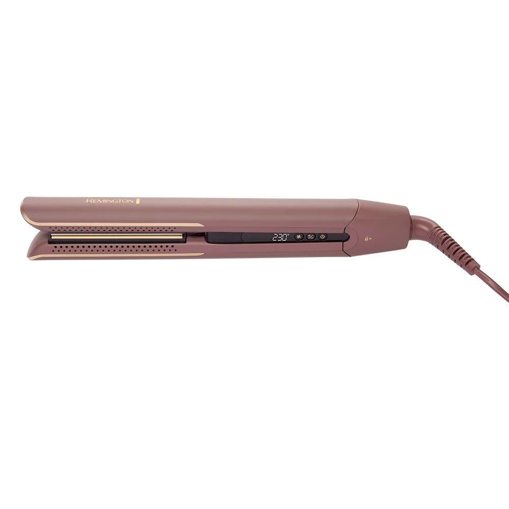 Alisador Remington AIRvive abierto, rosa malva, con placas planas perforadas, pantalla digital y cable de alimentación.