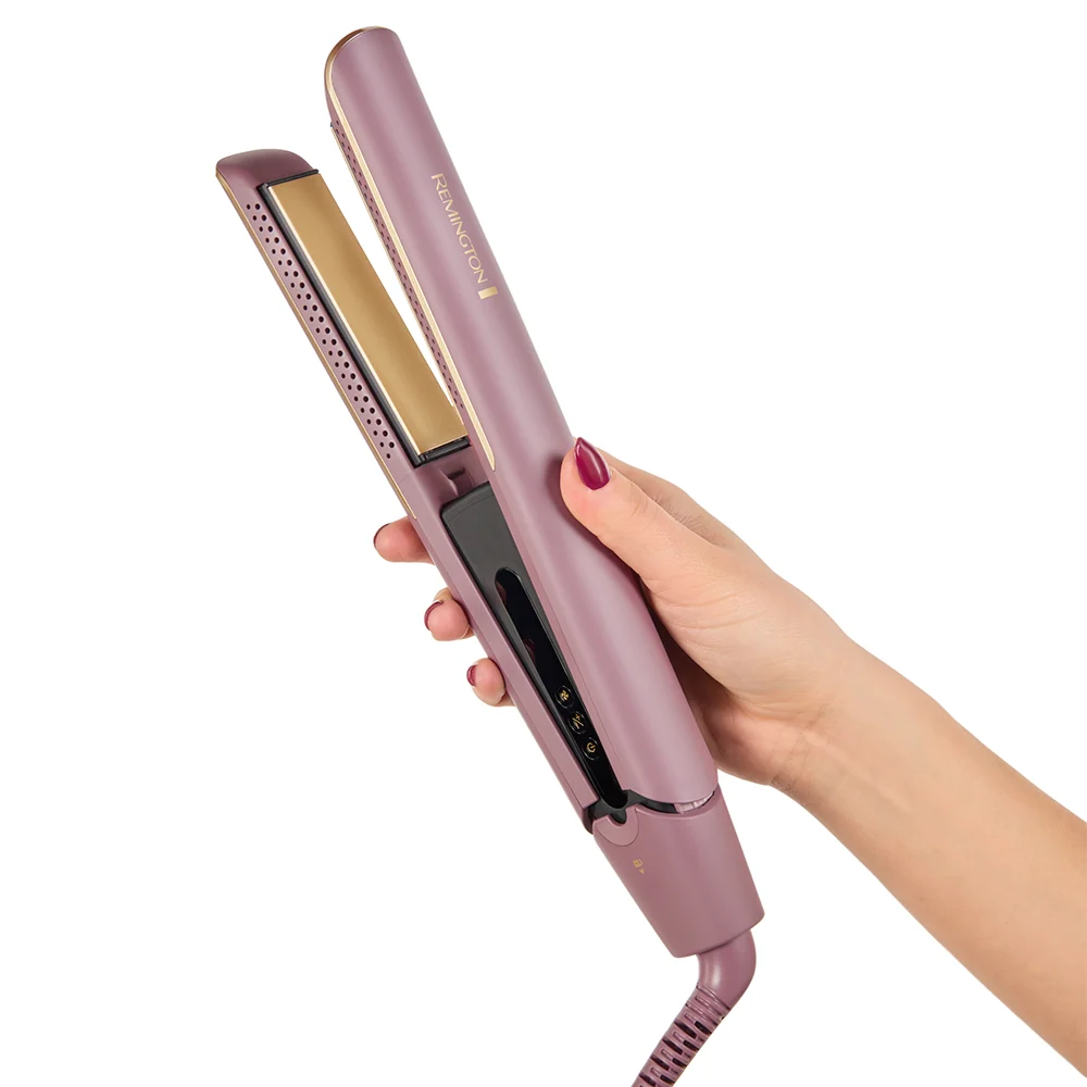 Alisador Remington AIRvive abierto, rosa malva, con placas planas perforadas, pantalla digital y cable de alimentación. - Vista 2