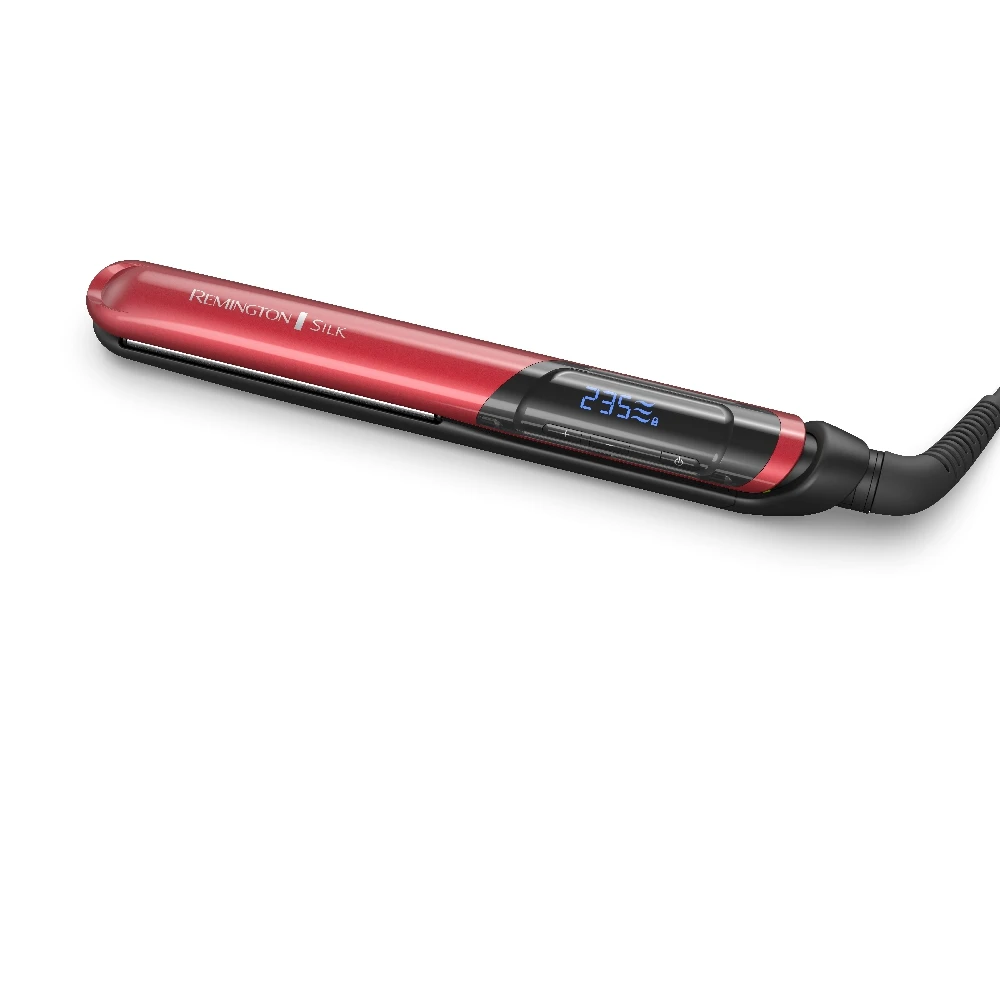Alisador Remington Silk rojo y negro, con placas oscuras, pantalla digital azul y cable conectado. - Vista 2