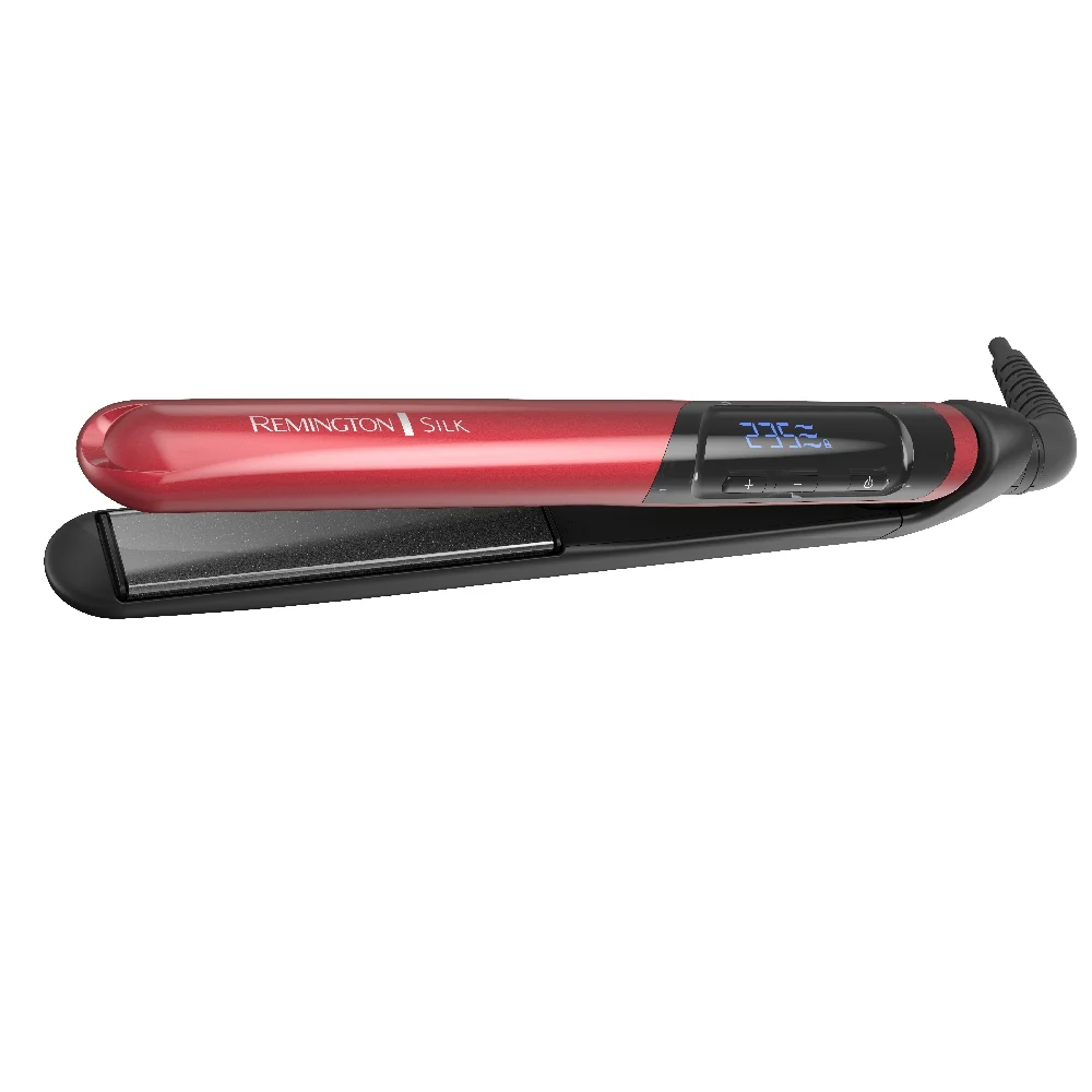 Alisador Remington Silk rojo y negro, con placas oscuras, pantalla digital azul y cable conectado. - Vista 3