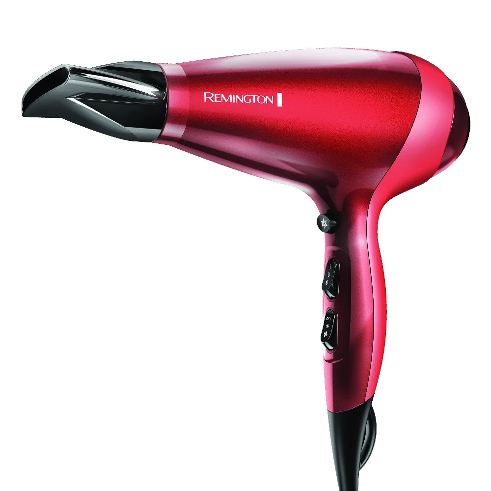 Secador Remington AC9096 rojo y fucsia con detalles negros, concentrador estrecho y controles deslizantes en el mango.