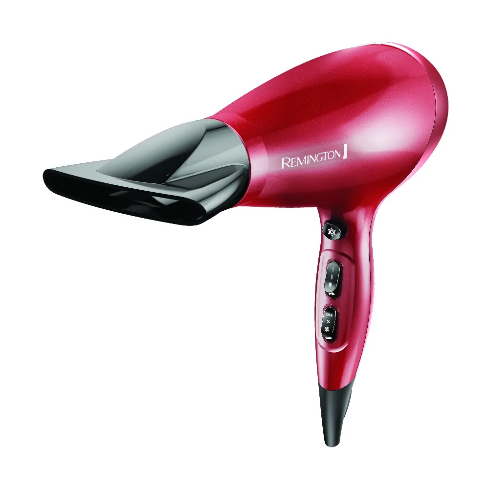 Secador Remington AC9096 rojo y fucsia con detalles negros, concentrador estrecho y controles deslizantes en el mango. - Vista 2