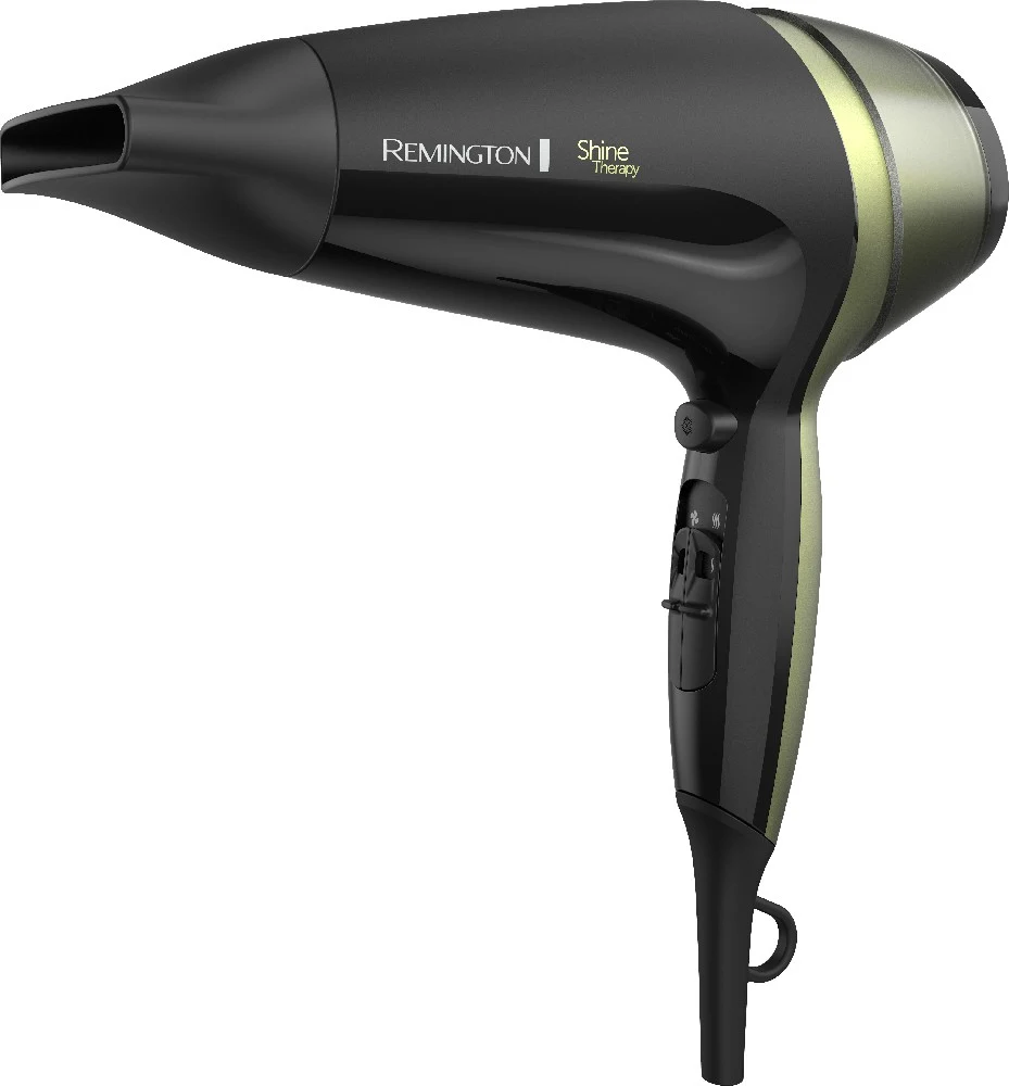 Secador Remington D13A negro con detalles verde claro, concentrador estrecho, controles y cable de alimentación.