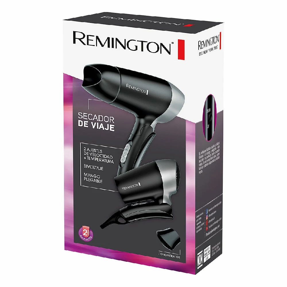Secador de viaje Remington negro con detalles plateados, boquilla concentradora, controles deslizantes y cable de alimentación. - Vista 3