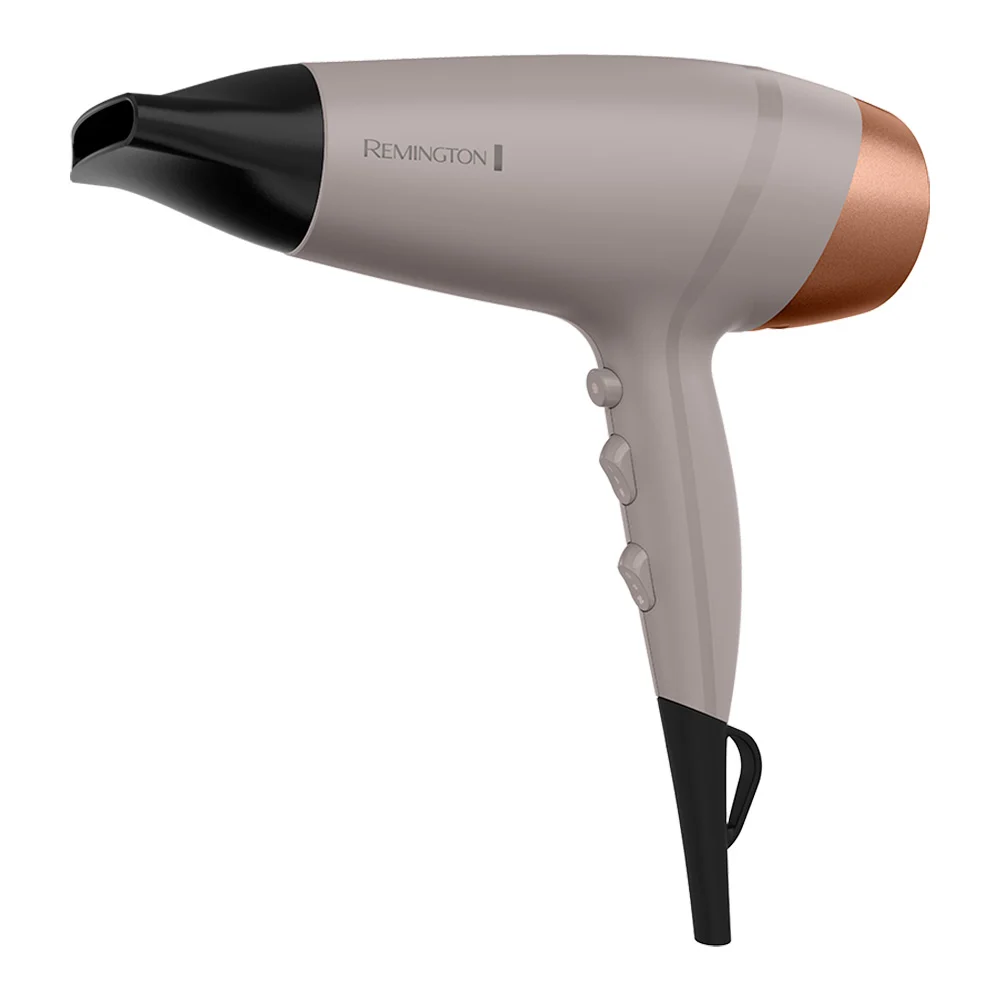 Secador Remington D26A gris claro con sección trasera cobriza, concentrador negro, controles en el mango y cable negro.