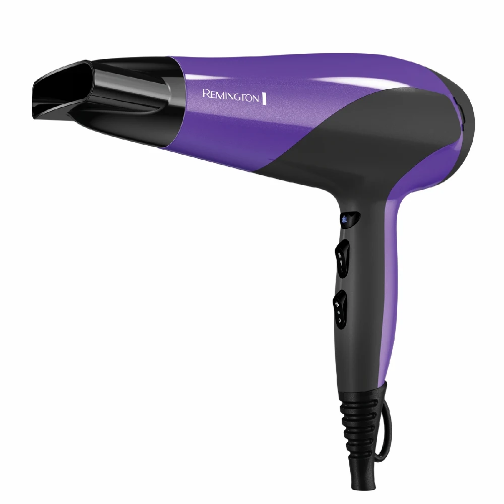 Secador Remington D3190 violeta y negro con boquilla concentradora estrecha, controles laterales y cable.