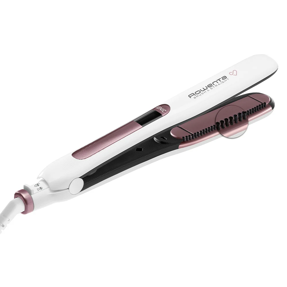 Alisador Rowenta Brush & Straight blanco, negro y rosa malva, con una hilera de cerdas, cable e indicador IONIC.