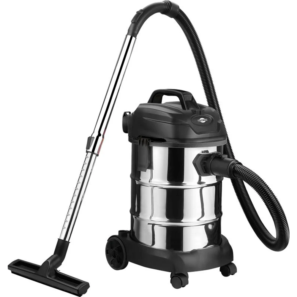 Aspiradora Tokyo tipo tambor con depósito metálico, tapa y base negras, manguera, tubo, boquilla para pisos y ruedas.