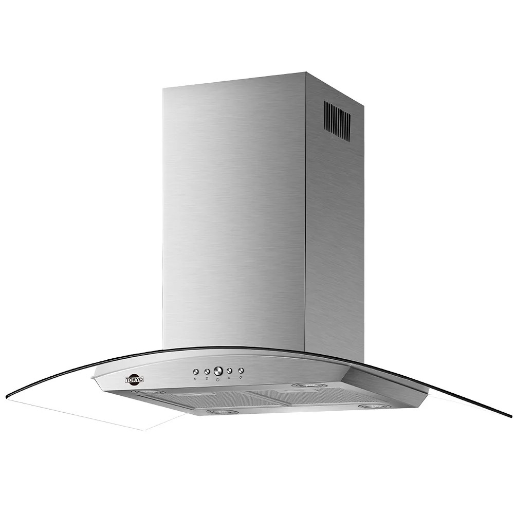 Campana Tokyo tipo isla con cuerpo metálico, chimenea vertical, visera curva de vidrio y panel frontal de botones.