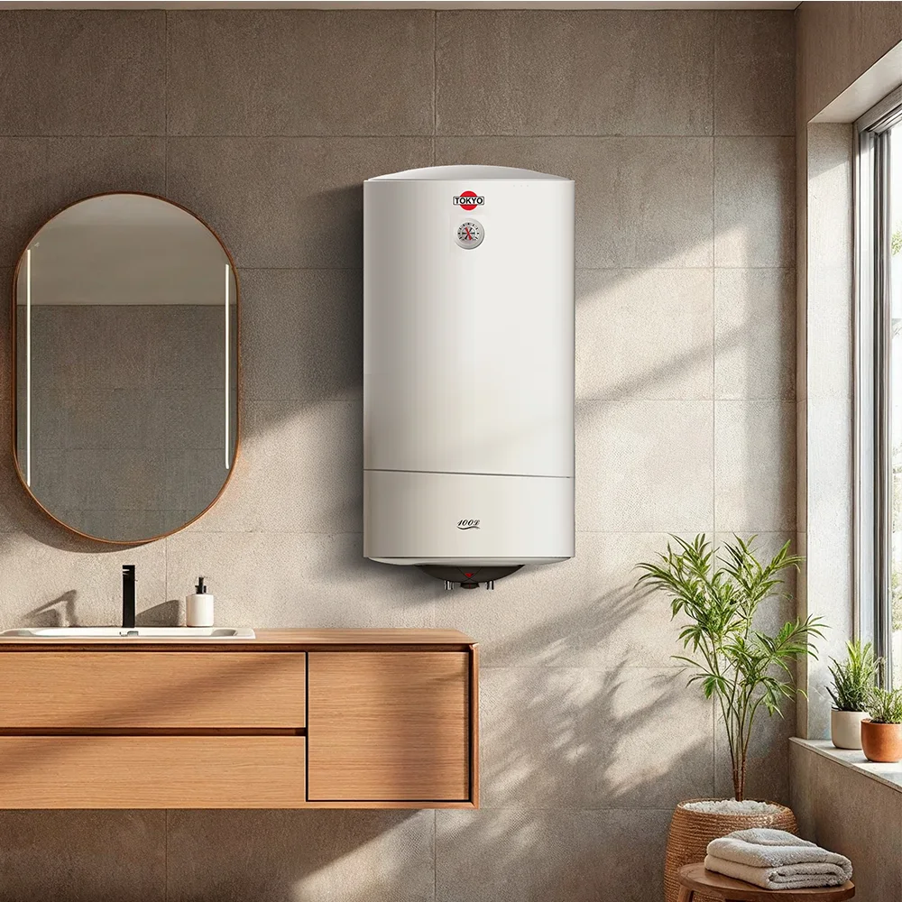 Termotanque Tokyo cilíndrico blanco vertical de 100 litros, con indicador analógico y conexiones inferiores. - Vista 2